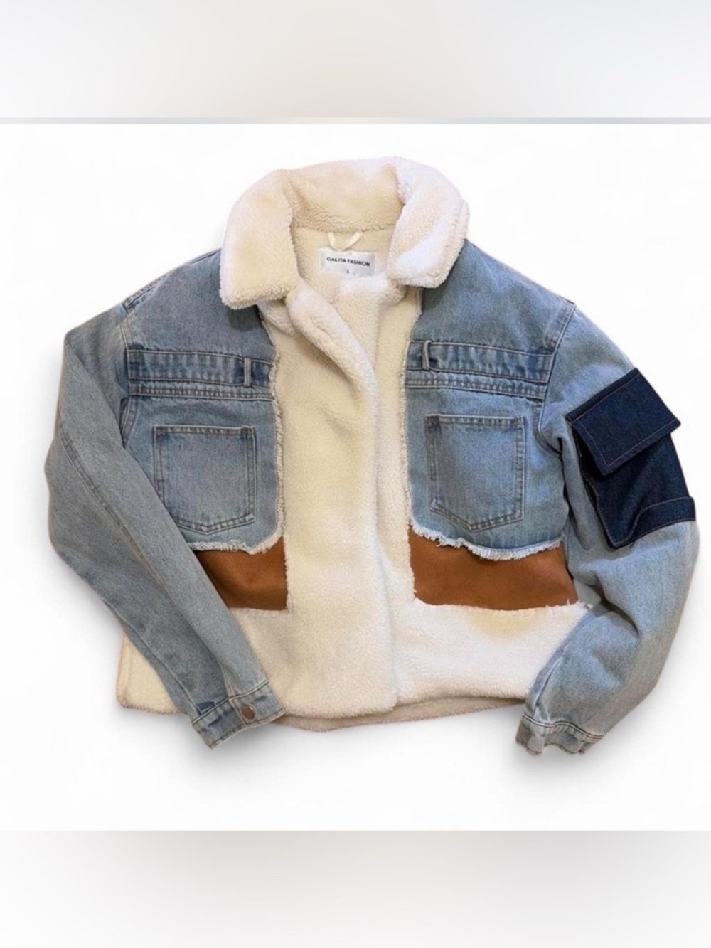 Sherpa-Lined Denim Jacket with Brown Suede Accents